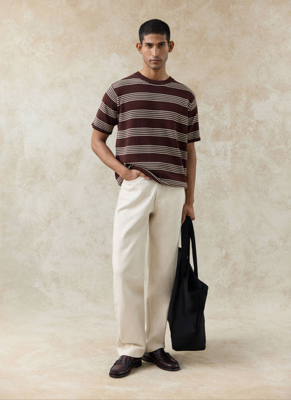 Men's Knit Cotton T Shirt - Fiction Striped - Espresso