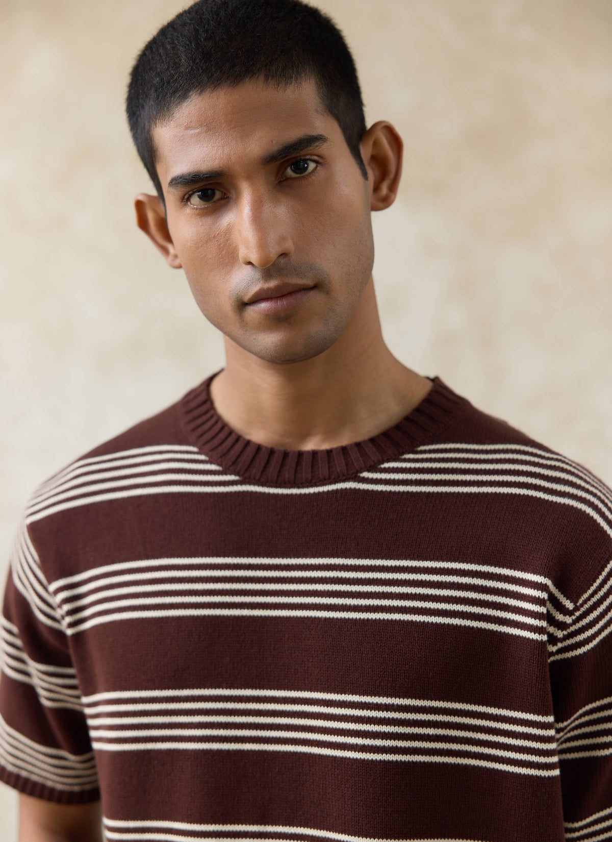 Men's Knit Cotton T Shirt - Fiction Striped - Espresso