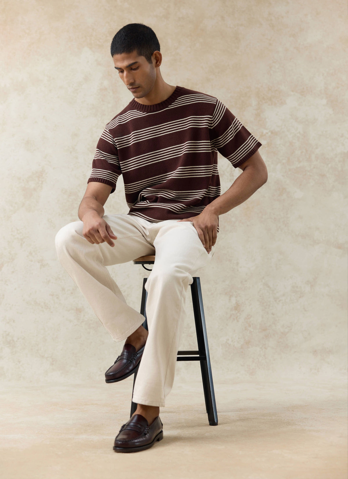 Men's Knit Cotton T Shirt - Fiction Striped - Espresso