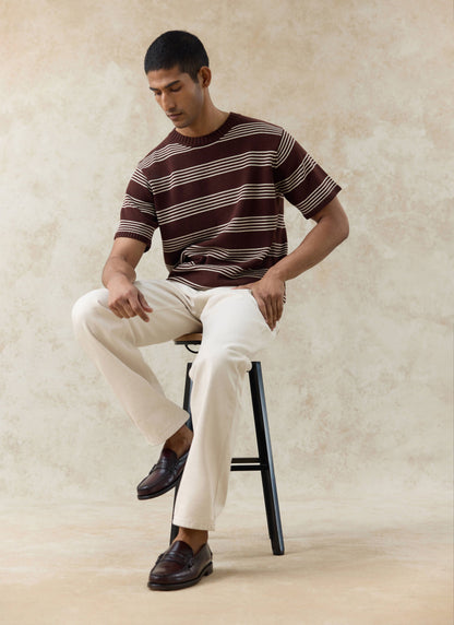 Men's Knit Cotton T Shirt - Fiction Striped - Espresso