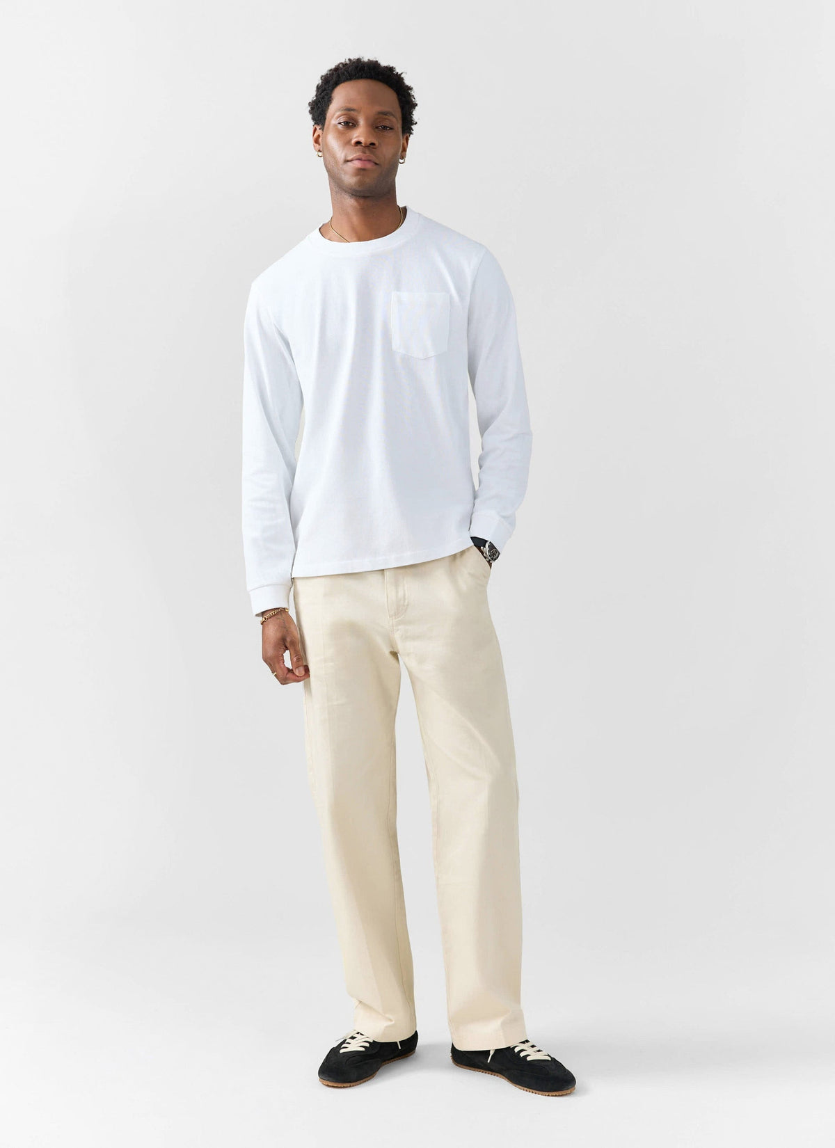 Long Sleeve Crew Neck T Shirt - Cotton - White
