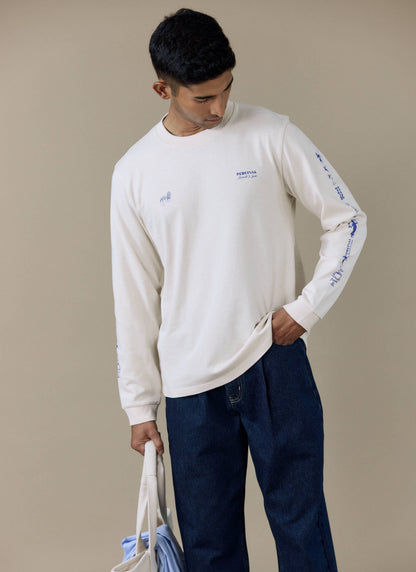 Men's Long Sleeve T Shirt - Fine Wines - Cotton - Cream