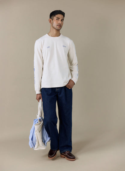 Men's Long Sleeve T Shirt - Fine Wines - Cotton - Cream