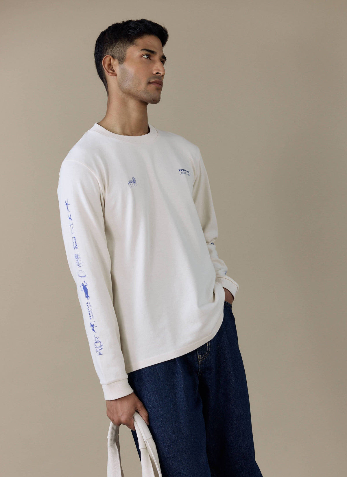 Men's Long Sleeve T Shirt - Fine Wines - Cotton - Cream