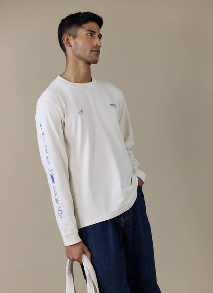 Men's Long Sleeve T Shirt - Fine Wines - Cotton - Cream