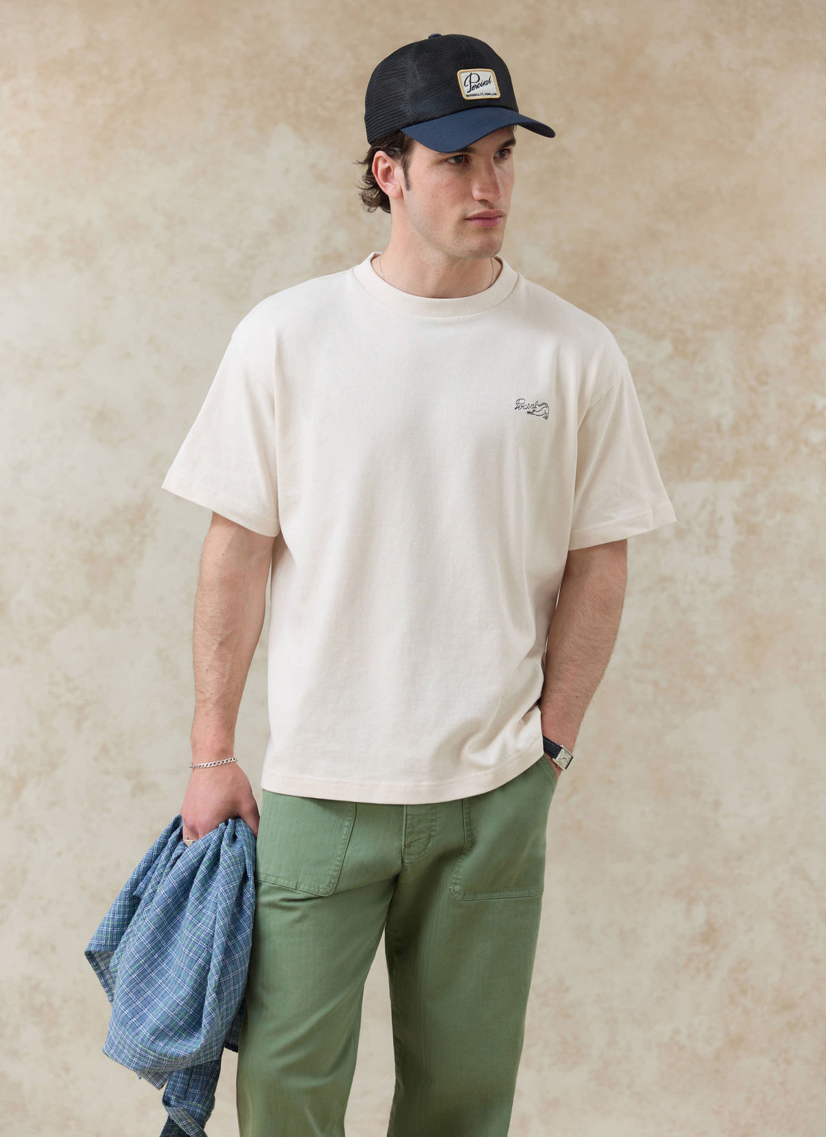Men's Embroidered Cream T-Shirt - Clarke - Cotton