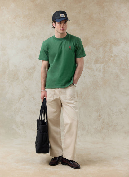 Men's Embroidered T Shirt - Davies - Cotton - Forest Green