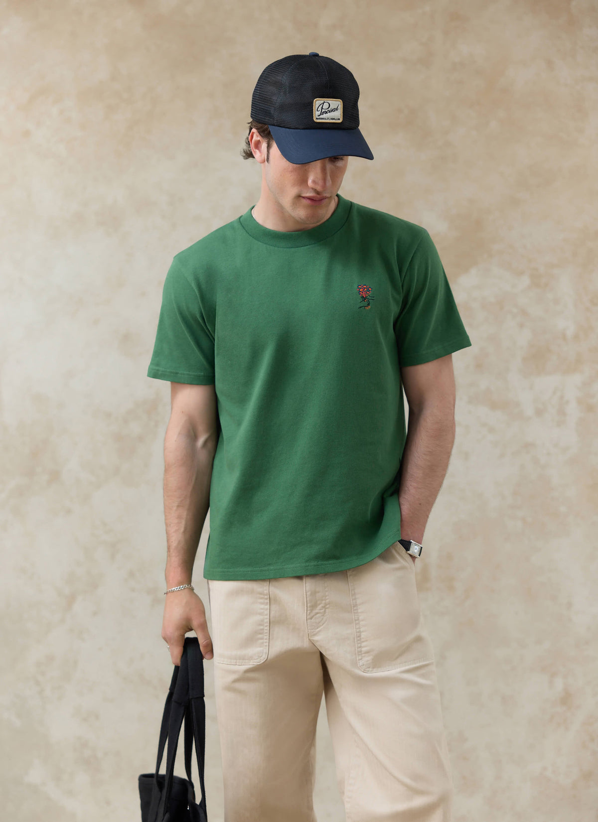 Men's Embroidered T Shirt - Davies - Cotton - Forest Green