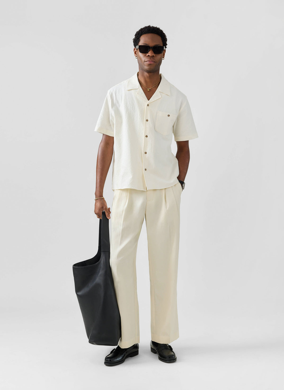 Men's Cuban Collar Short Sleeve Shirt - Seersucker - Ecru Cream
