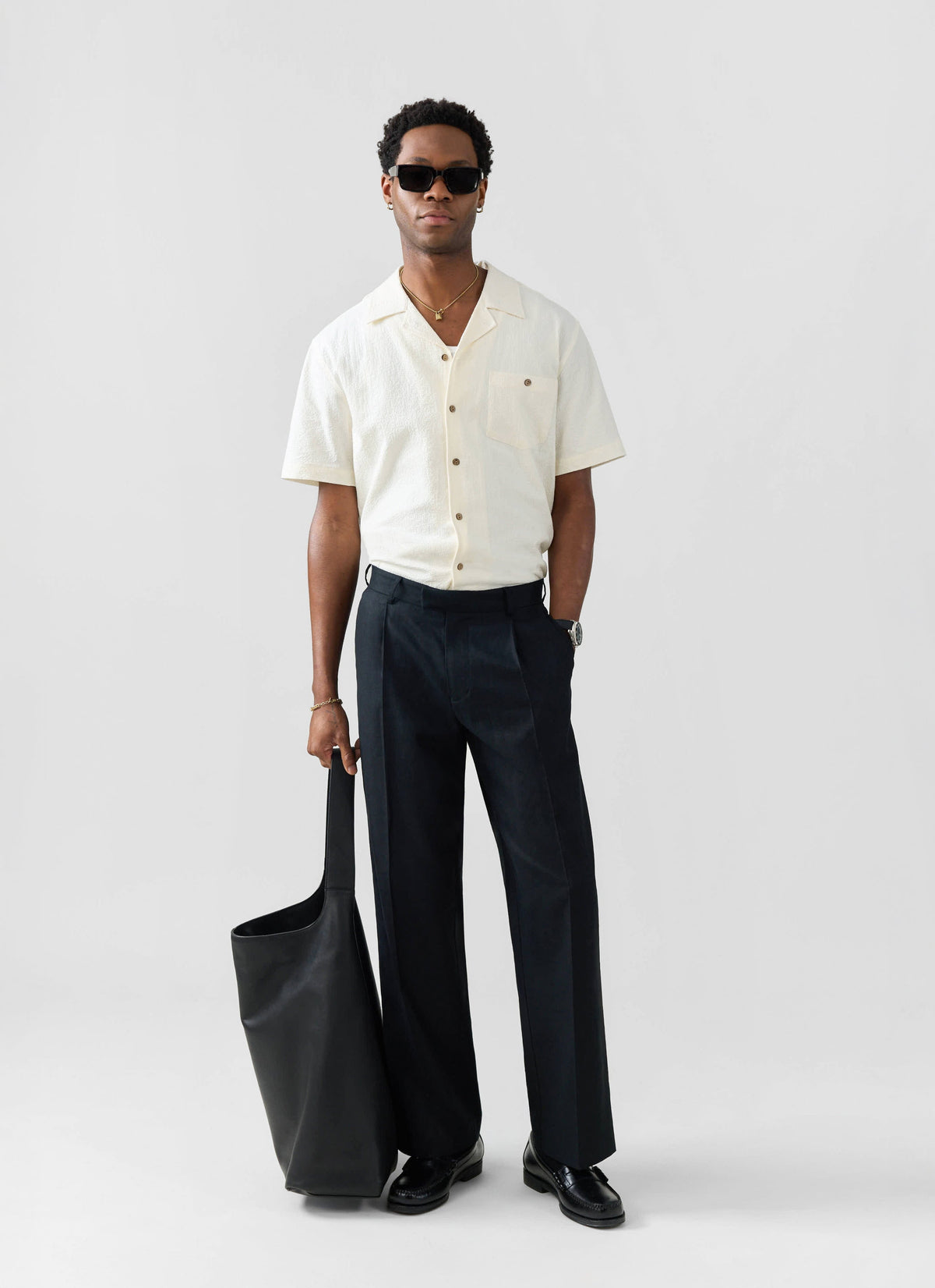 Men's Cuban Collar Short Sleeve Shirt - Seersucker - Ecru Cream