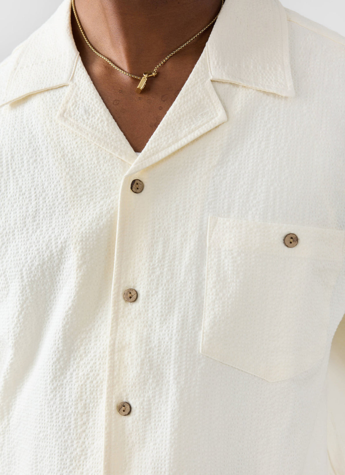 Men's Cuban Collar Short Sleeve Shirt - Seersucker - Ecru Cream