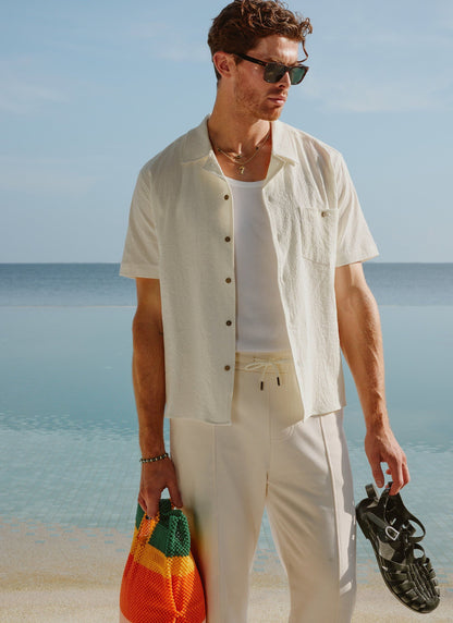 Men's Cuban Collar Short Sleeve Shirt - Seersucker - Ecru Cream