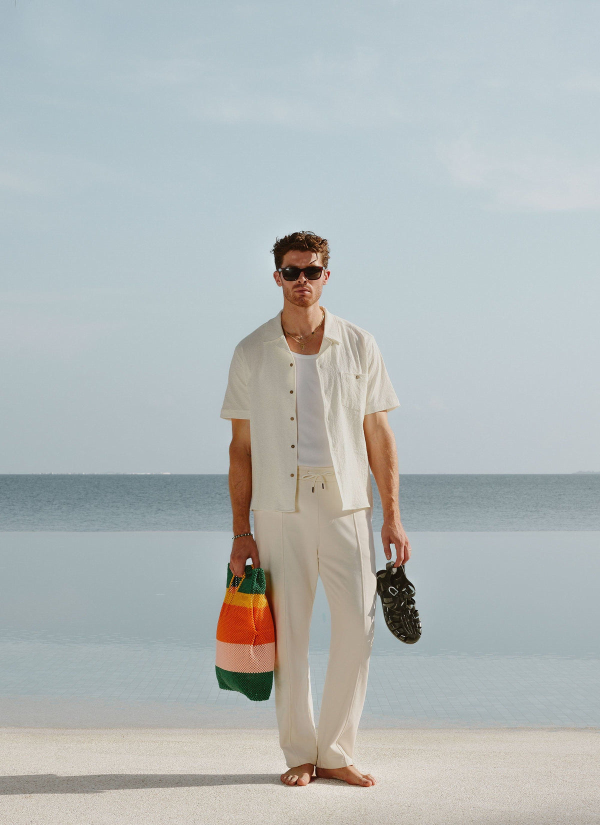 Men's Cuban Collar Short Sleeve Shirt - Seersucker - Ecru Cream
