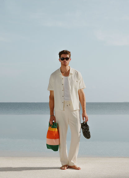 Men's Cuban Collar Short Sleeve Shirt - Seersucker - Ecru Cream