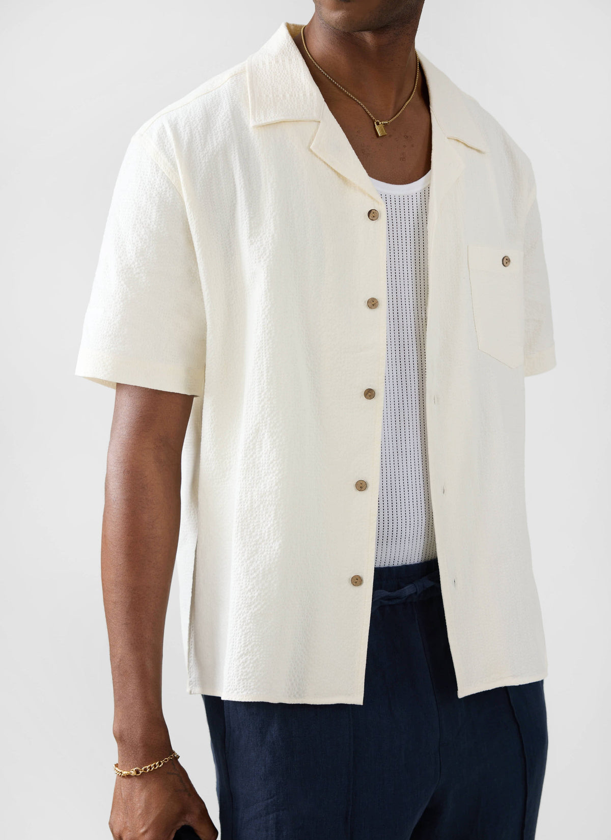 Men's Cuban Collar Short Sleeve Shirt - Seersucker - Ecru Cream
