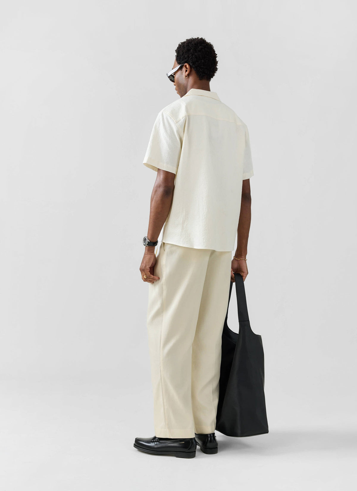 Men's Cuban Collar Short Sleeve Shirt - Seersucker - Ecru Cream