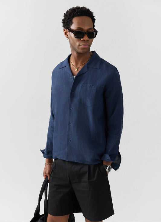 Long Sleeve Cuban Linen Shirt - Navy