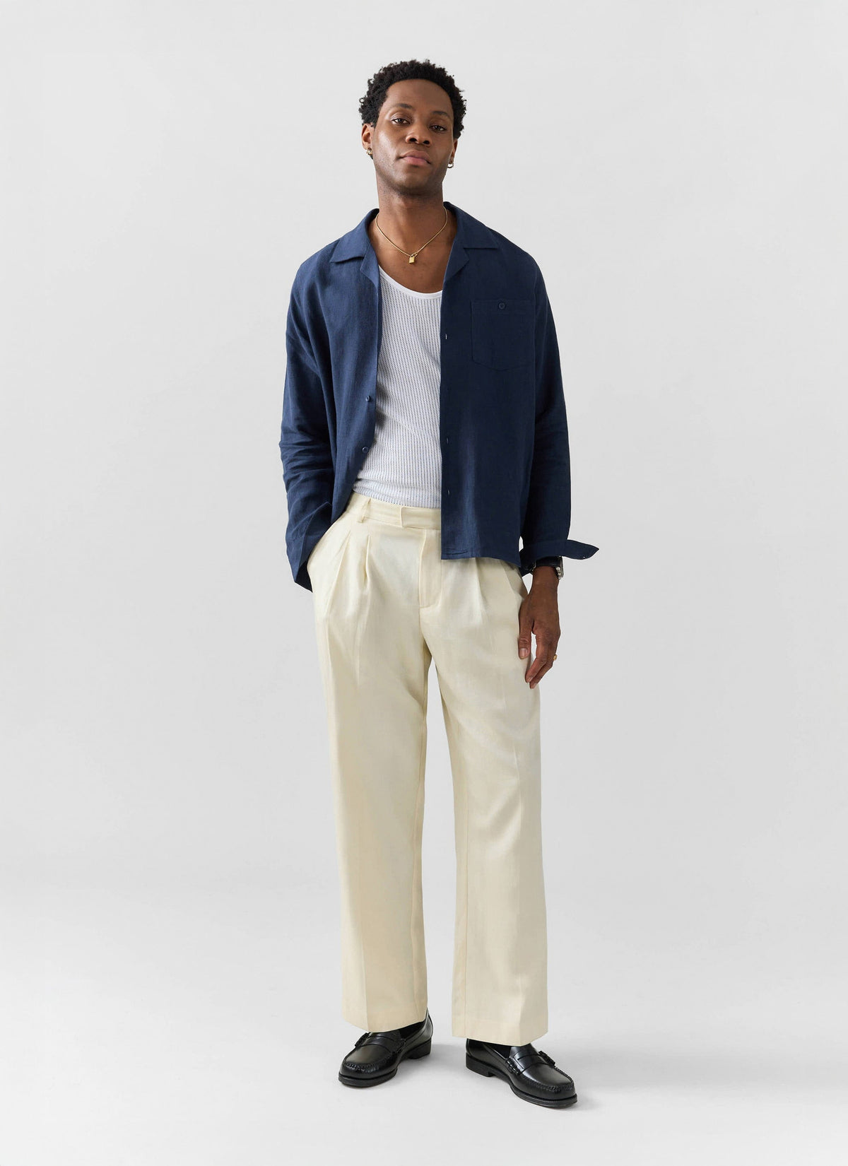 Long Sleeve Cuban Linen Shirt - Navy