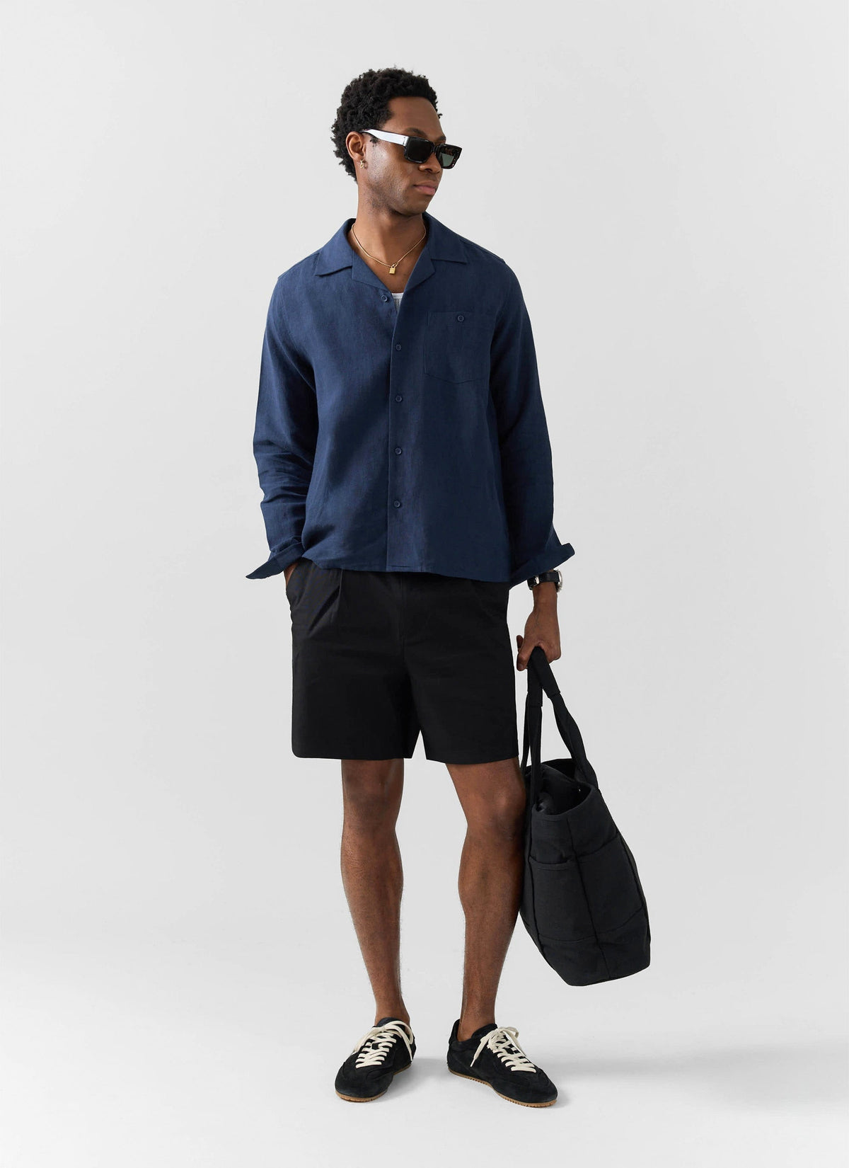 Long Sleeve Cuban Linen Shirt - Navy