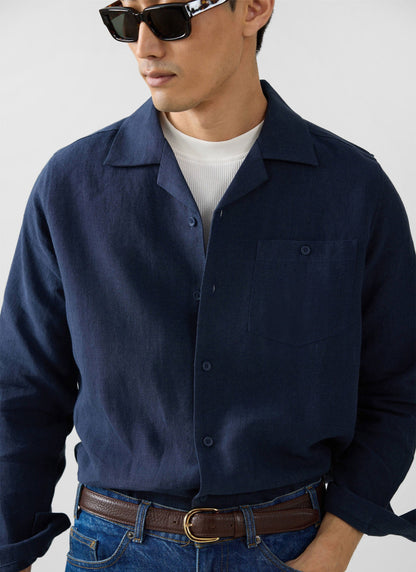 Long Sleeve Cuban Linen Shirt - Navy