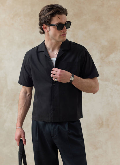 Men's Black Cuban Collar Shirt - Daniel - Cotton