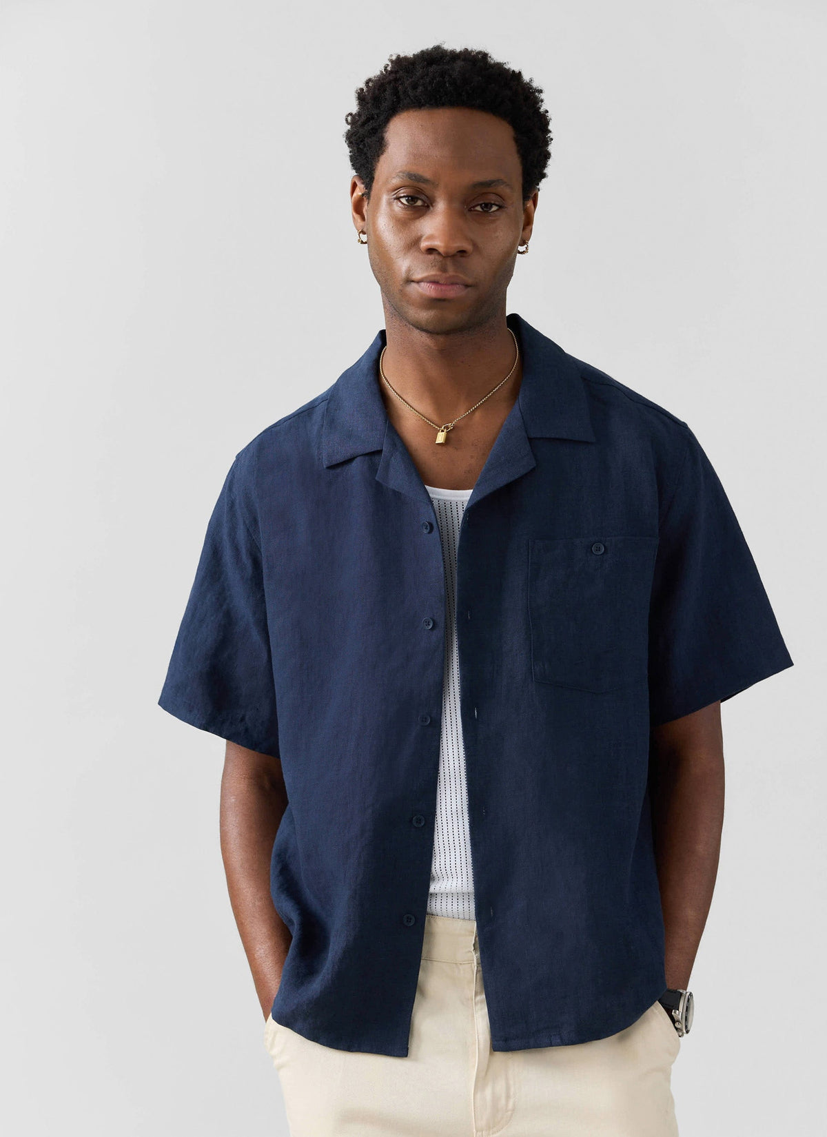 Men's Short Sleeve Cuban Shirt - 100% Linen - Navy Blue
