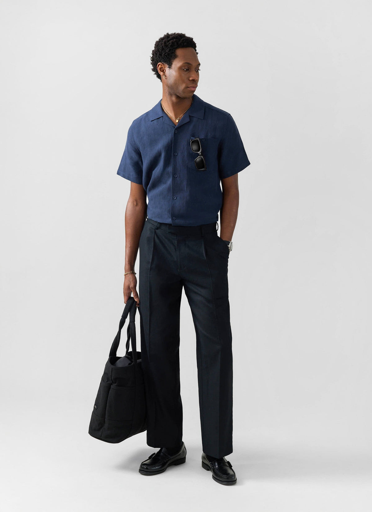 Men's Short Sleeve Cuban Shirt - 100% Linen - Navy Blue