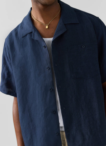 Men's Short Sleeve Cuban Shirt - 100% Linen - Navy Blue
