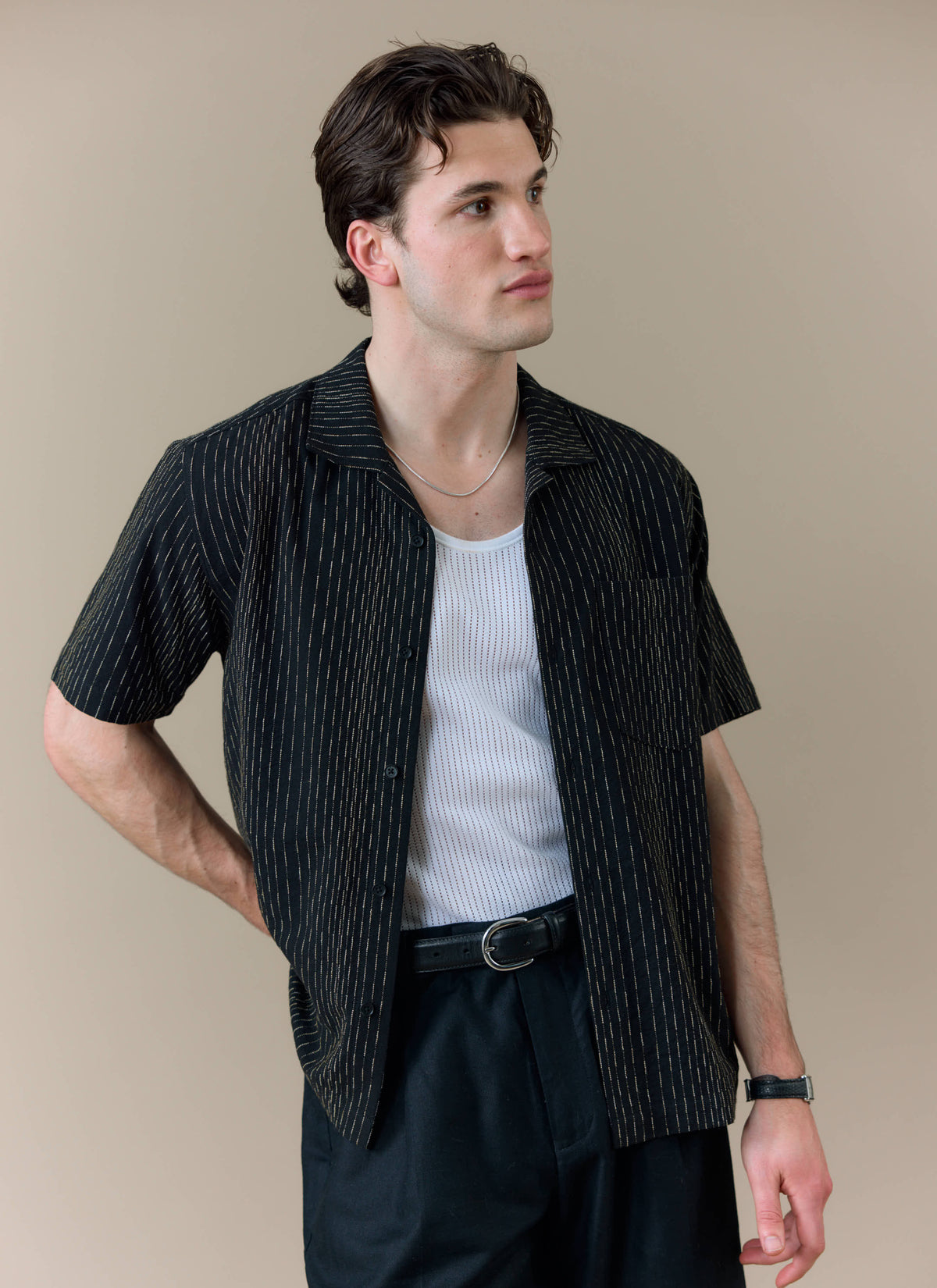 Men's Cuban Collar Shirt: Leland - Black - Cotton