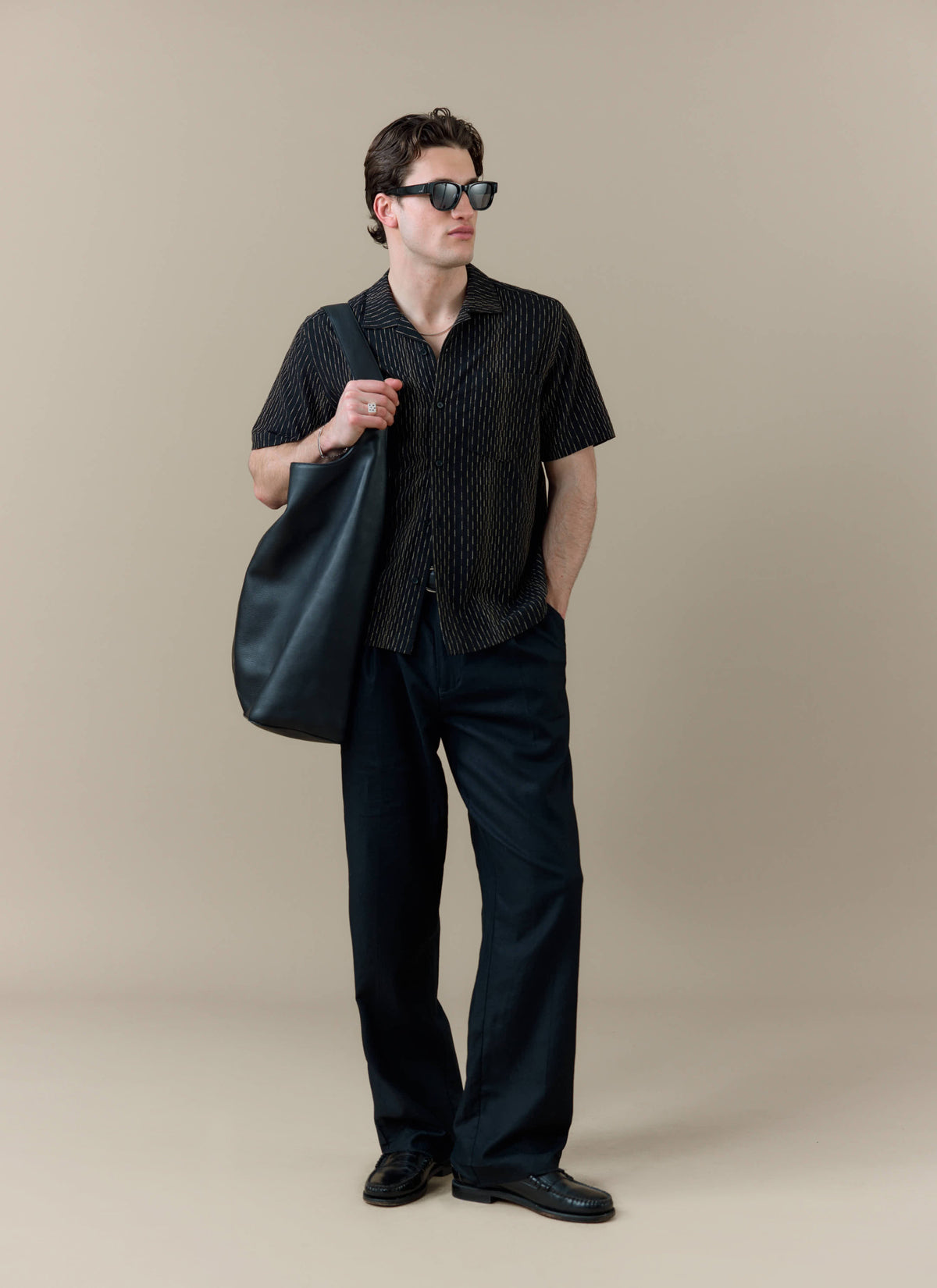 Men's Cuban Collar Shirt: Leland - Black - Cotton