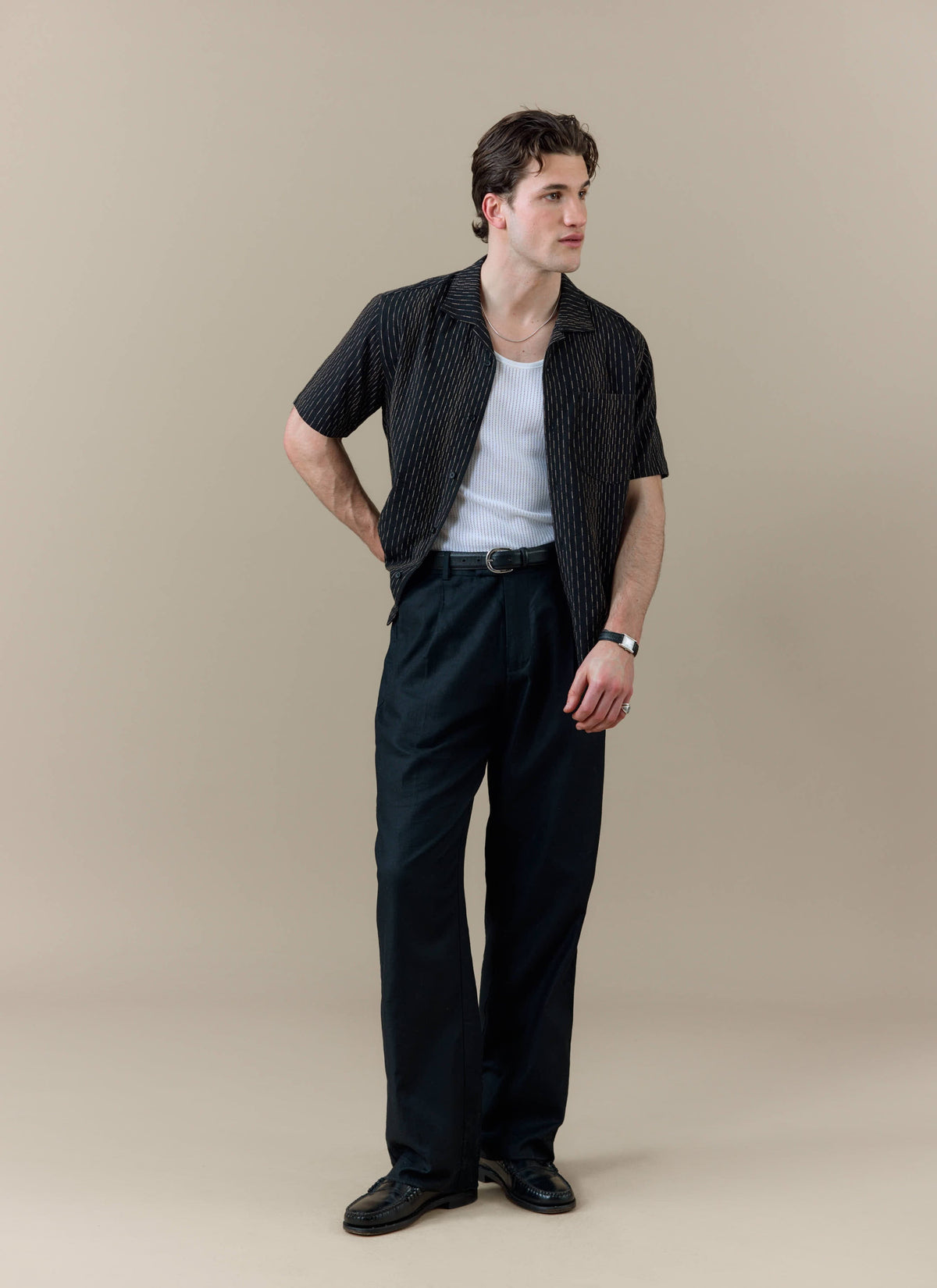 Men's Cuban Collar Shirt: Leland - Black - Cotton