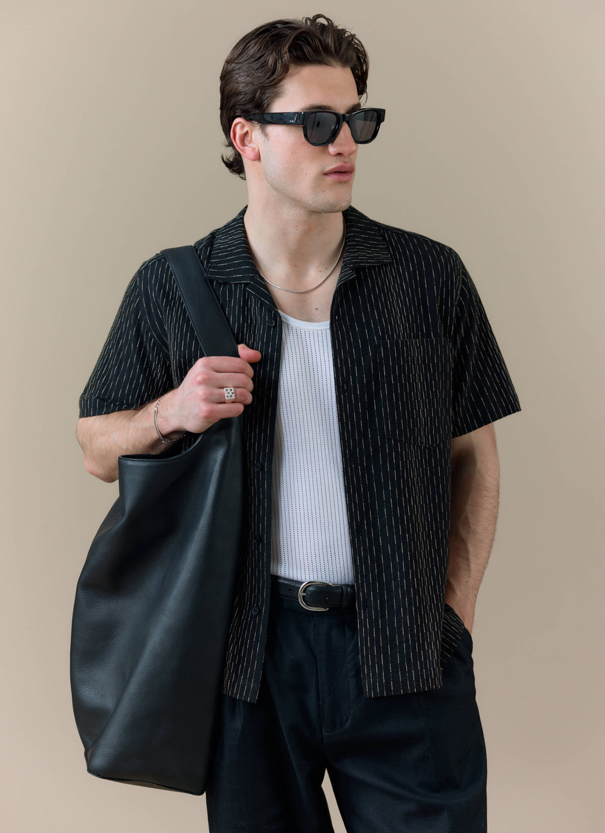 Men's Cuban Collar Shirt: Leland - Black - Cotton