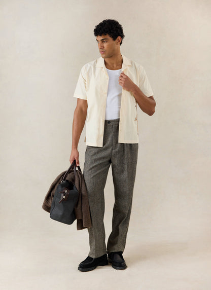 Men's Cream Embroidered Cuban Shirt - Cotton - Percival