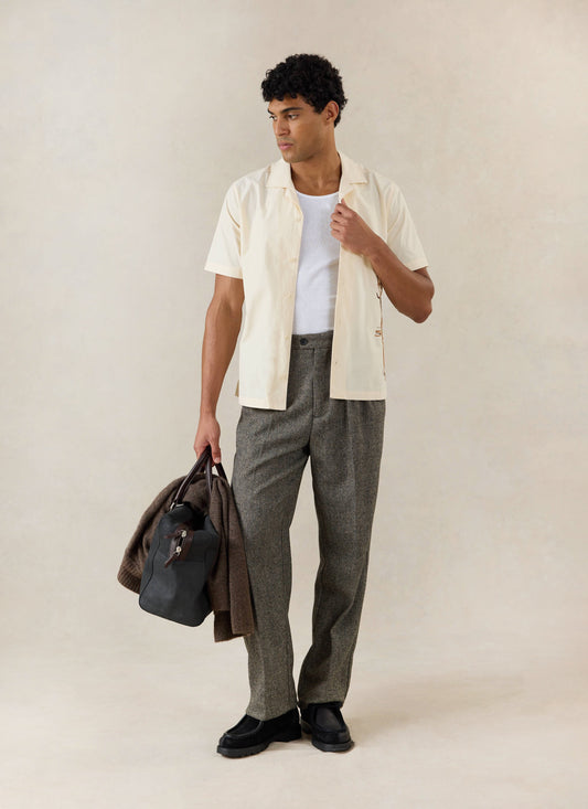 Men's Cream Embroidered Cuban Shirt - Cotton - Percival