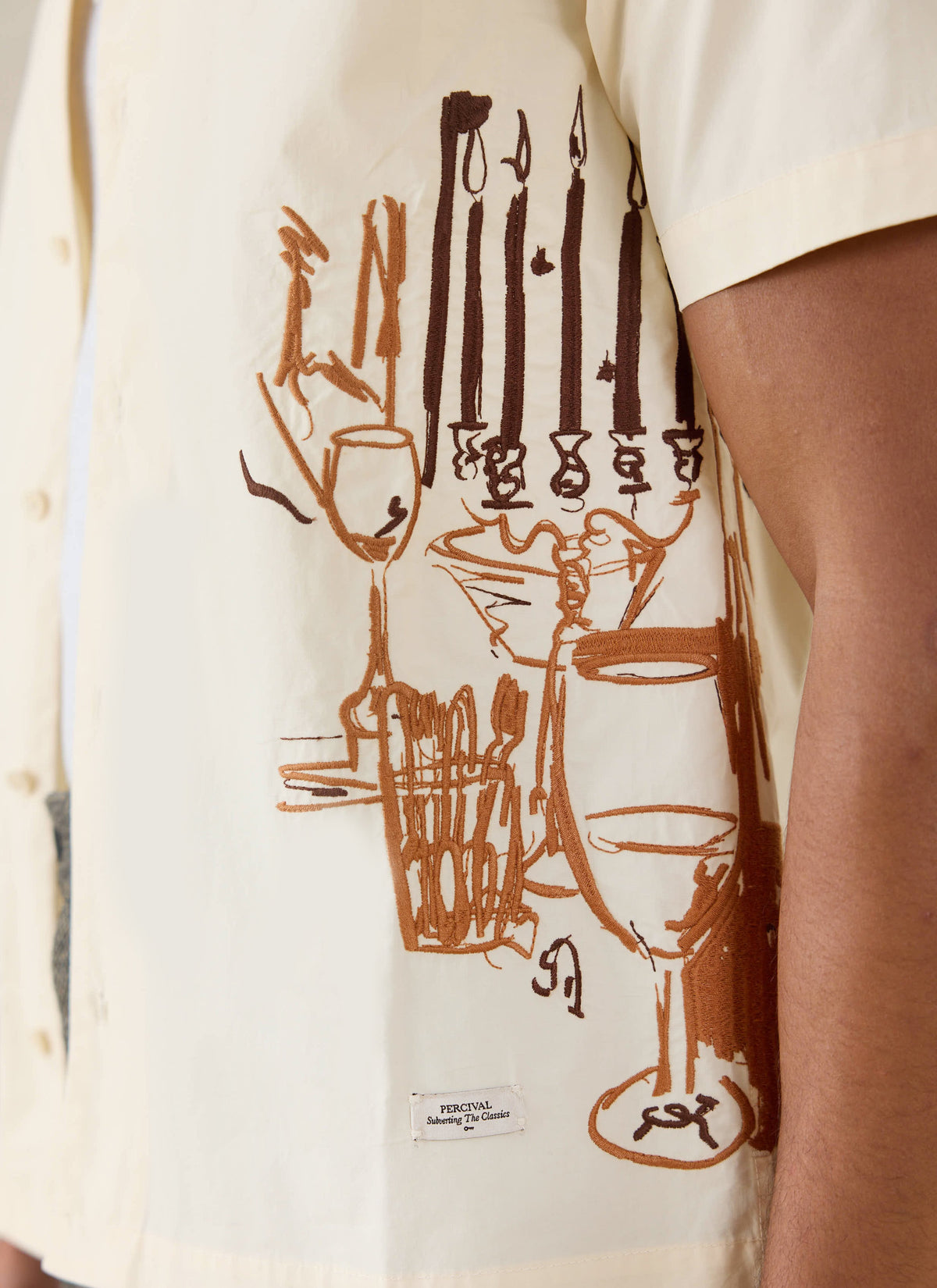 Men's Cream Embroidered Cuban Shirt - Cotton - Percival