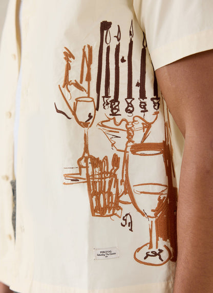 Men's Cream Embroidered Cuban Shirt - Cotton - Percival