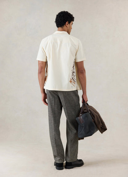 Men's Cream Embroidered Cuban Shirt - Cotton - Percival