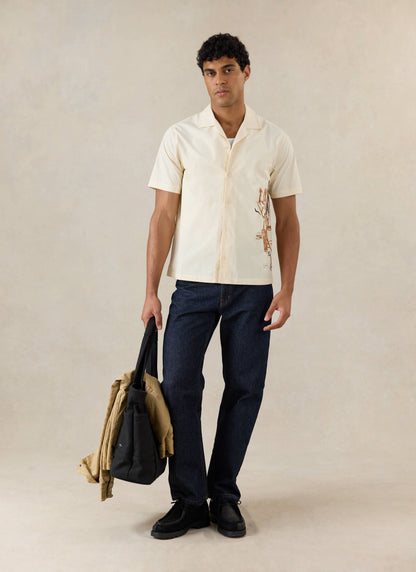Men's Cream Embroidered Cuban Shirt - Cotton - Percival