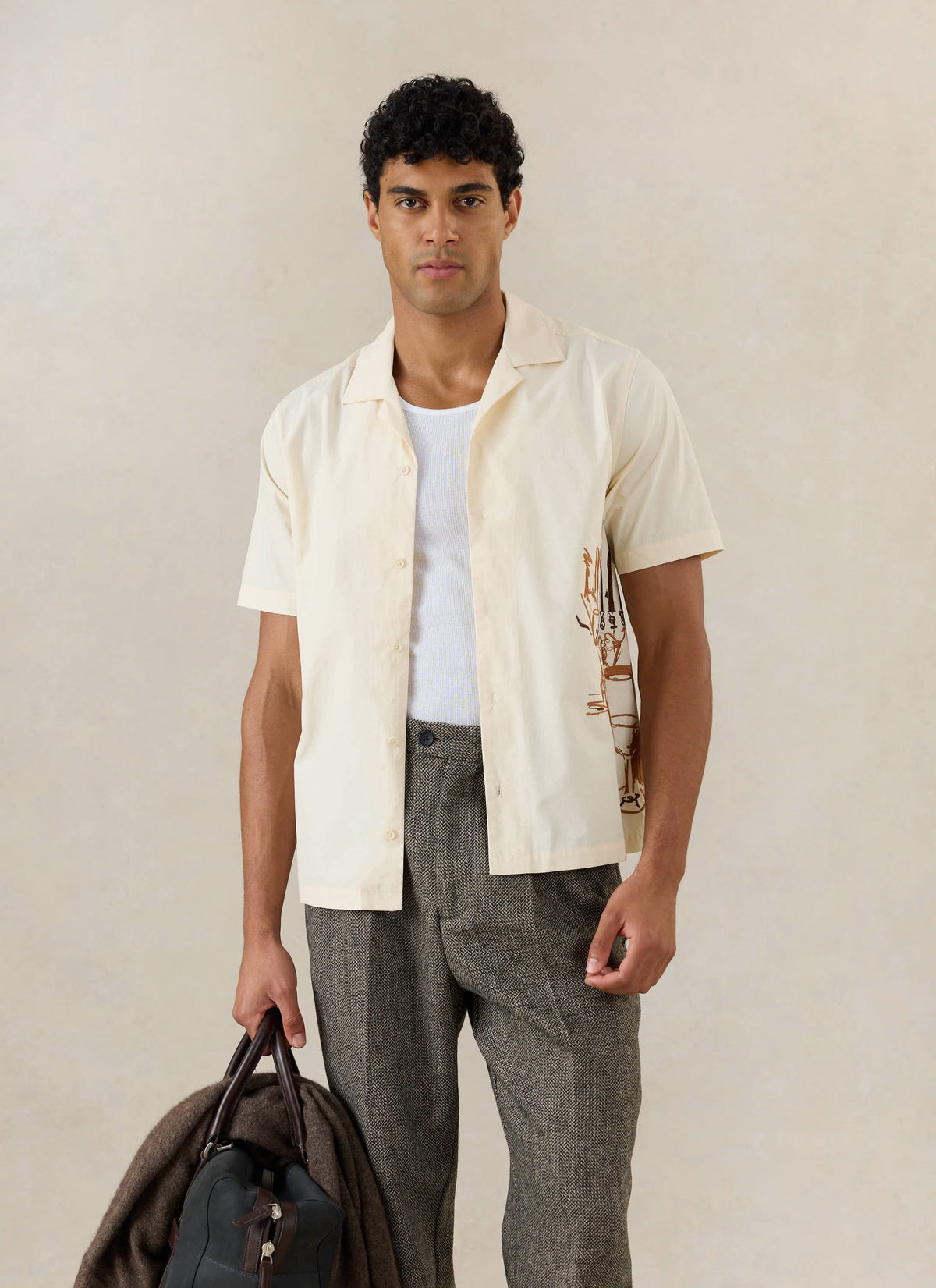 Men's Cream Embroidered Cuban Shirt - Cotton - Percival