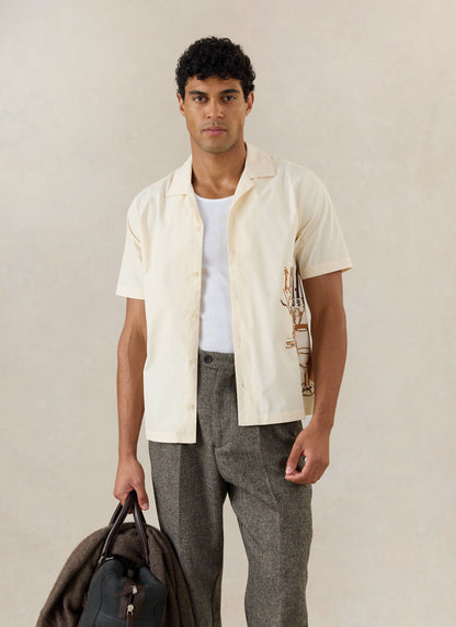 Men's Cream Embroidered Cuban Shirt - Cotton - Percival