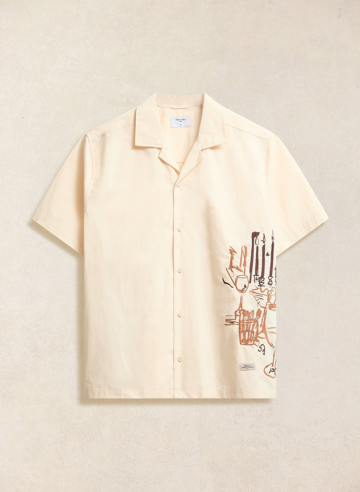 Men's Cream Embroidered Cuban Shirt - Cotton - Percival
