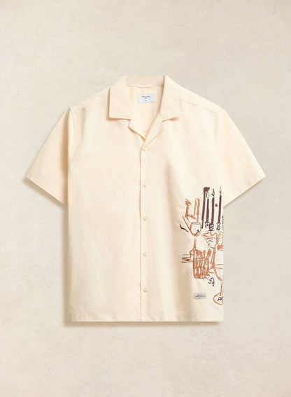 Men's Cream Embroidered Cuban Shirt - Cotton - Percival