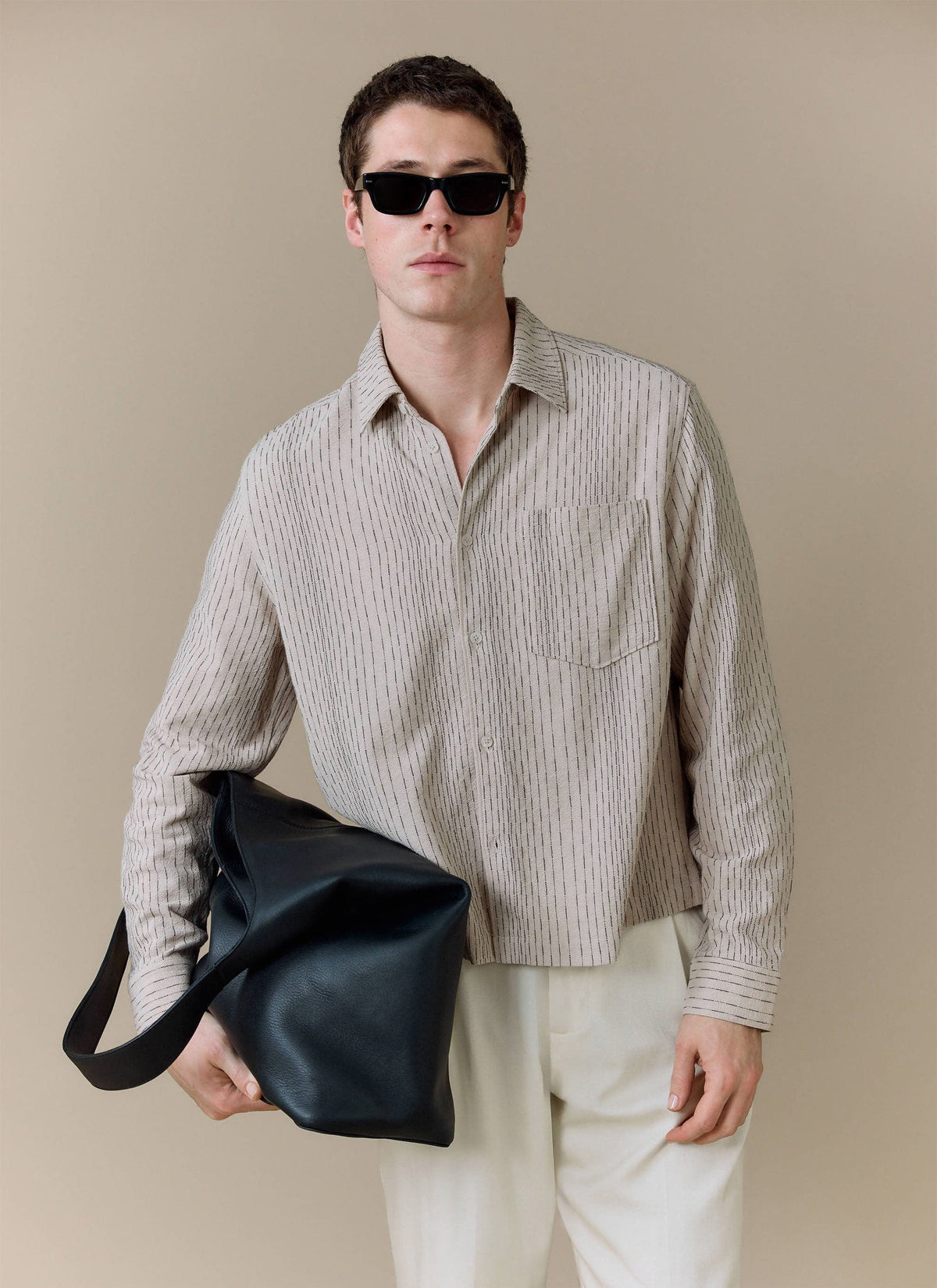Men's Leland Cuban Boxy Long Sleeve Shirt - Cotton - Ecru