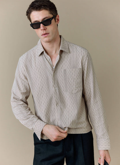 Men's Leland Cuban Boxy Long Sleeve Shirt - Cotton - Ecru