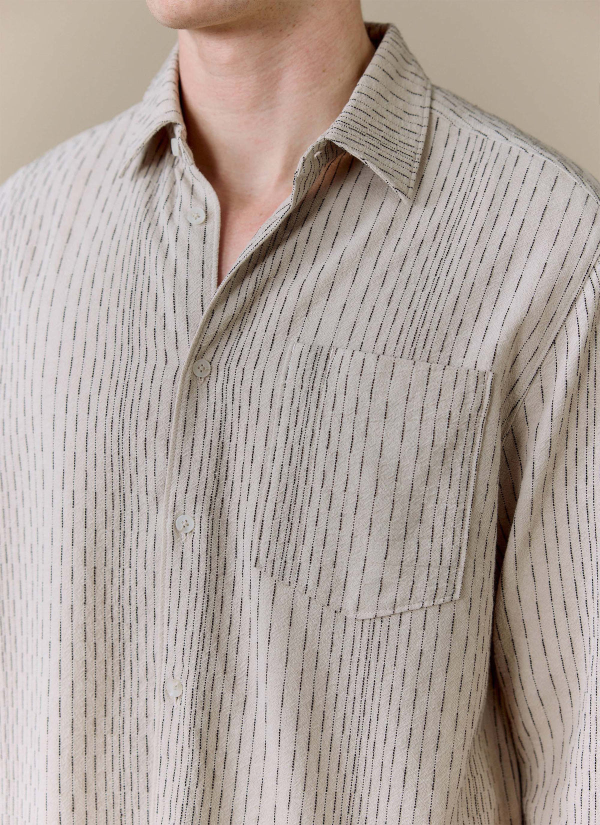 Men's Leland Cuban Boxy Long Sleeve Shirt - Cotton - Ecru