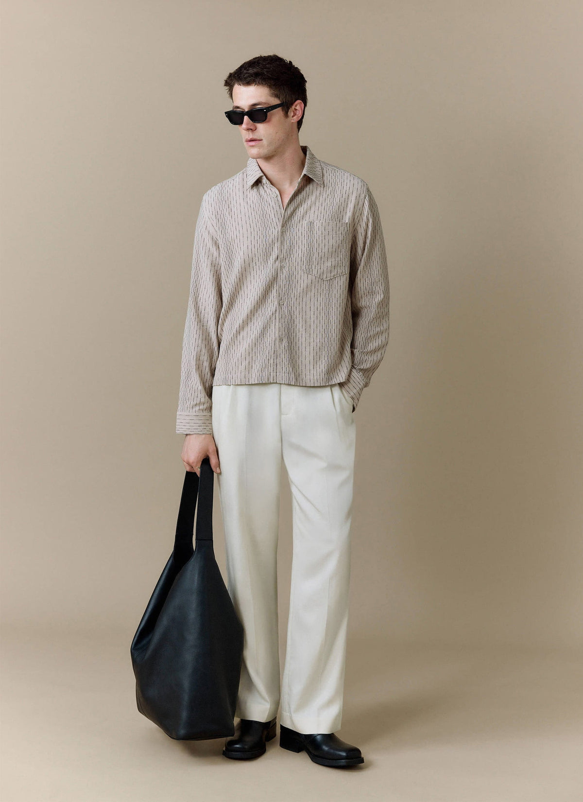 Men's Leland Cuban Boxy Long Sleeve Shirt - Cotton - Ecru