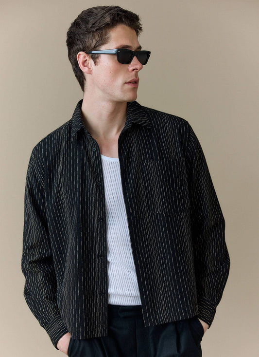 Men's Long Sleeve Boxy Shirt - Leland - Cotton - Black