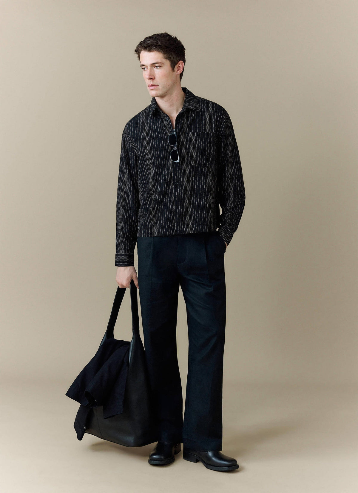 Men's Long Sleeve Boxy Shirt - Leland - Cotton - Black