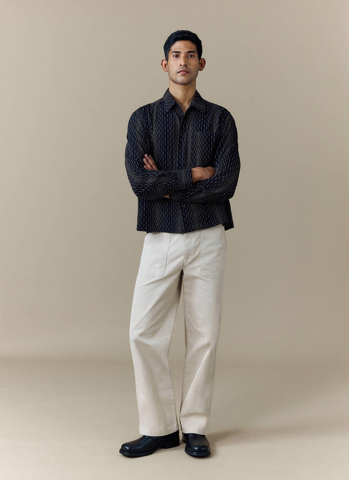 Men's Long Sleeve Boxy Shirt - Leland - Cotton - Black