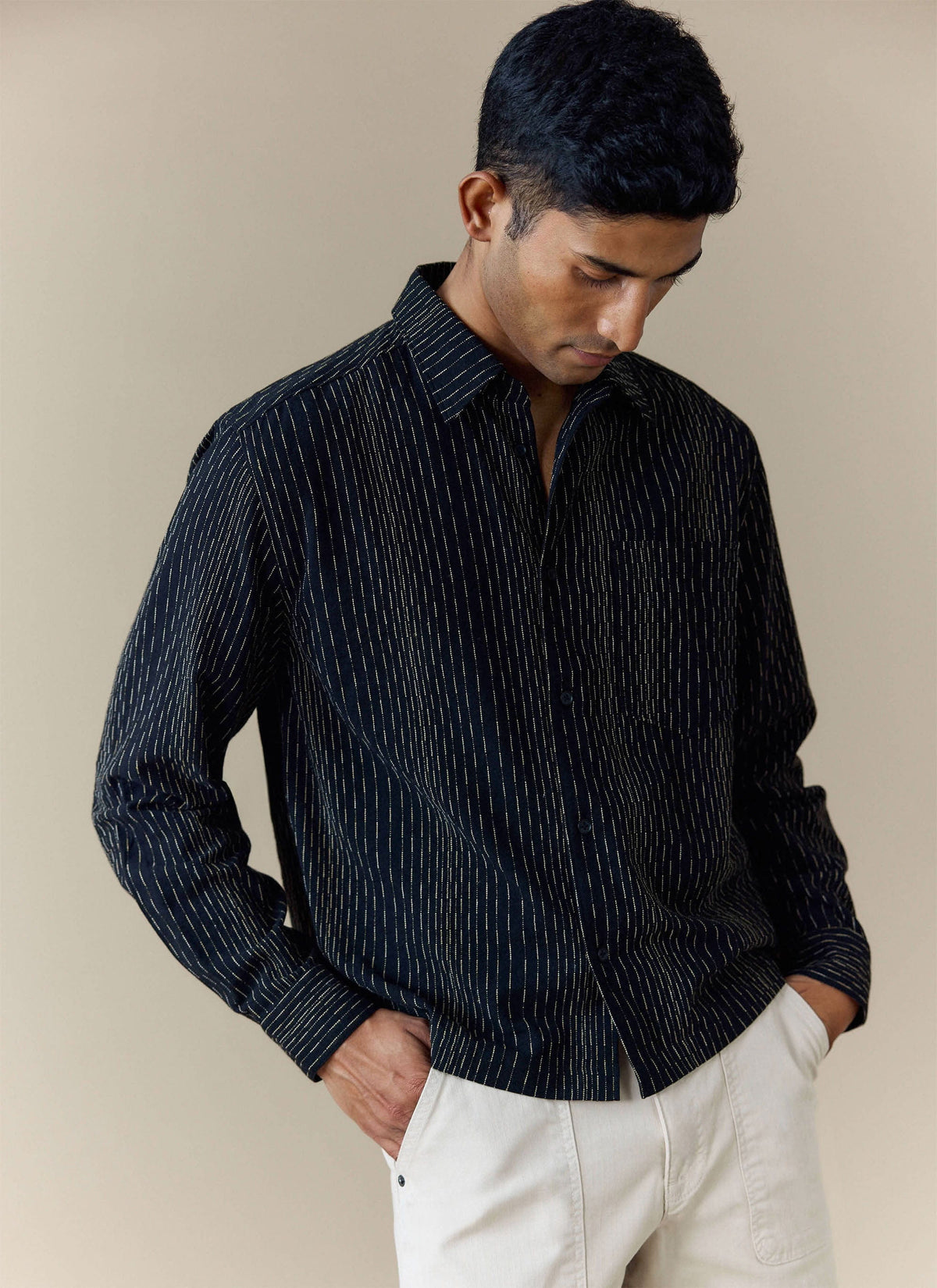 Men's Long Sleeve Boxy Shirt - Leland - Cotton - Black